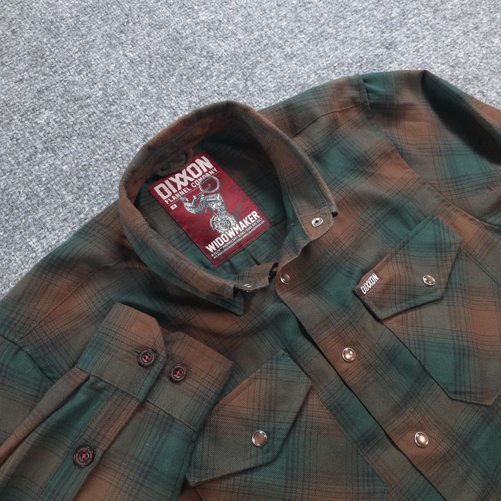 Dixxon Shirt Mens Small Green Brown Plaid Widowmaker Flannel Snap Front Biker